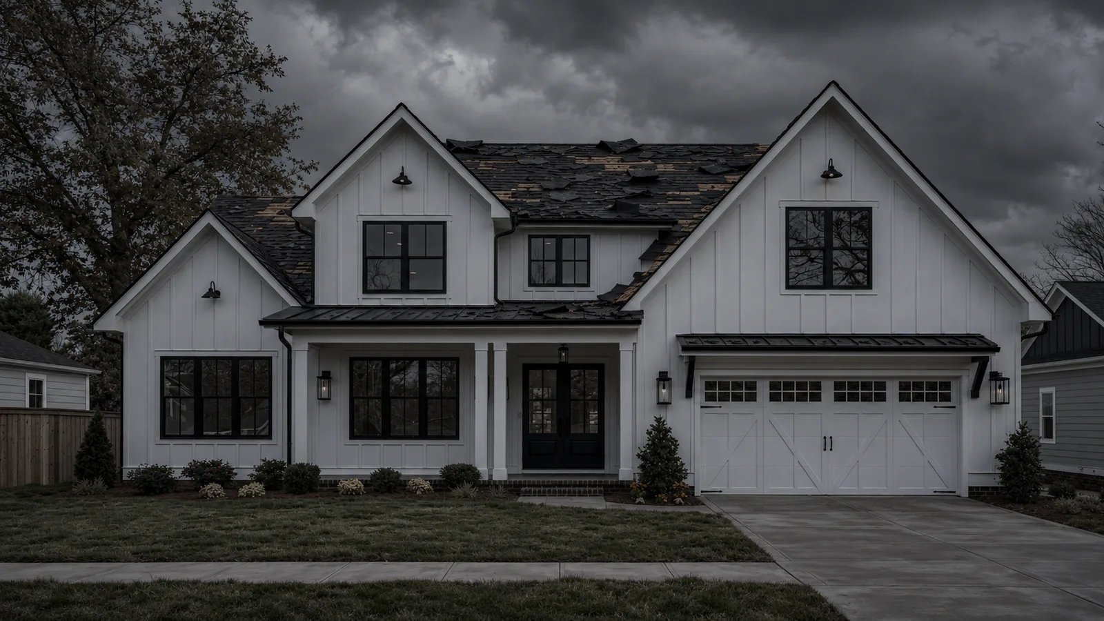 White house with damaged shingles and irregular metal roof coverings over the porch and garage.