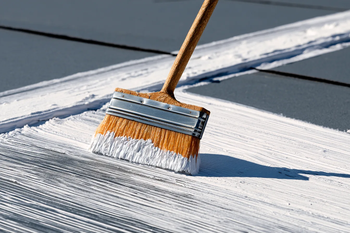 Brush spreading white coating over a roofing surface