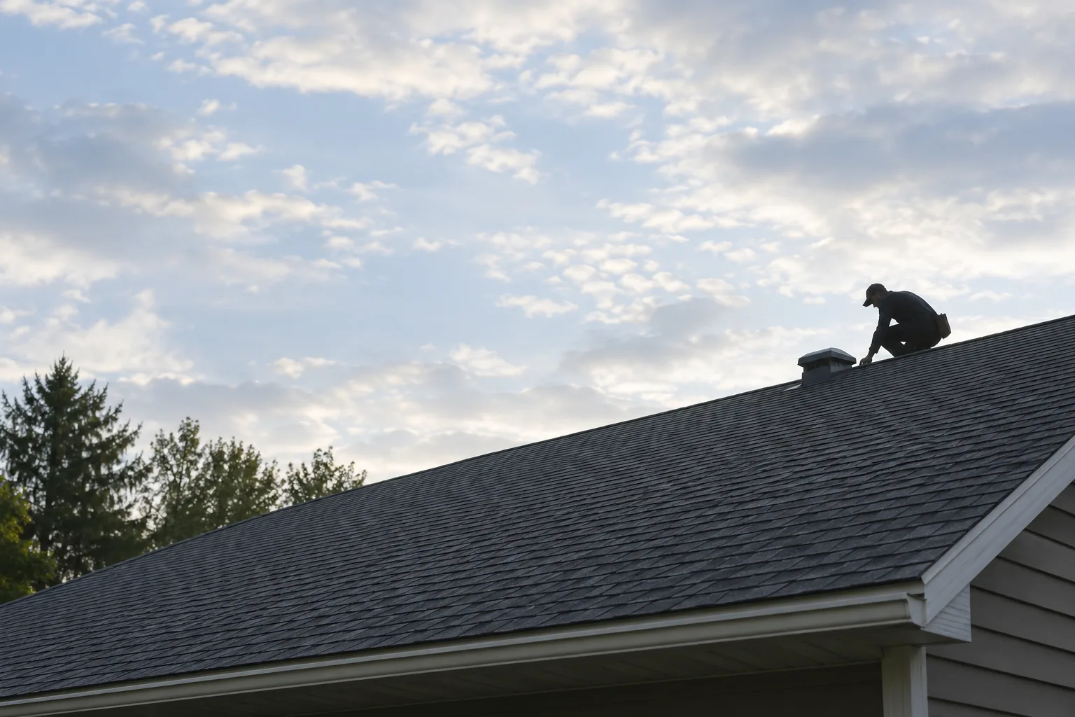Backlit roofer kneeling beside a vent on a shingle roof