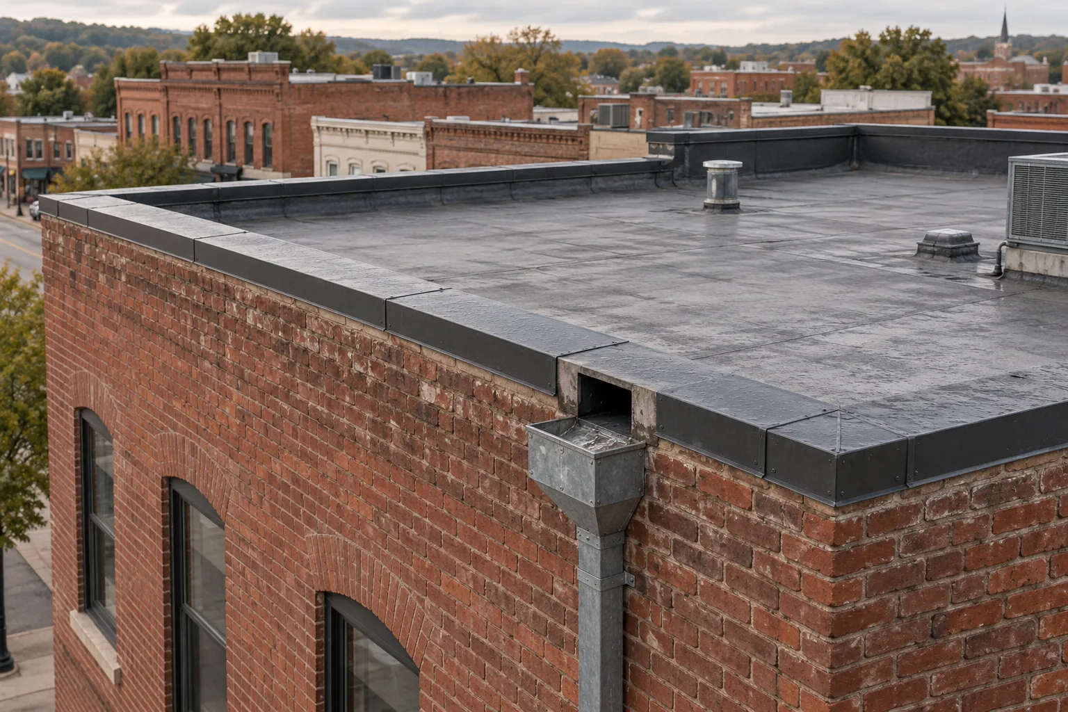 Brick commercial building with a low-slope roof, parapet and exterior downspout