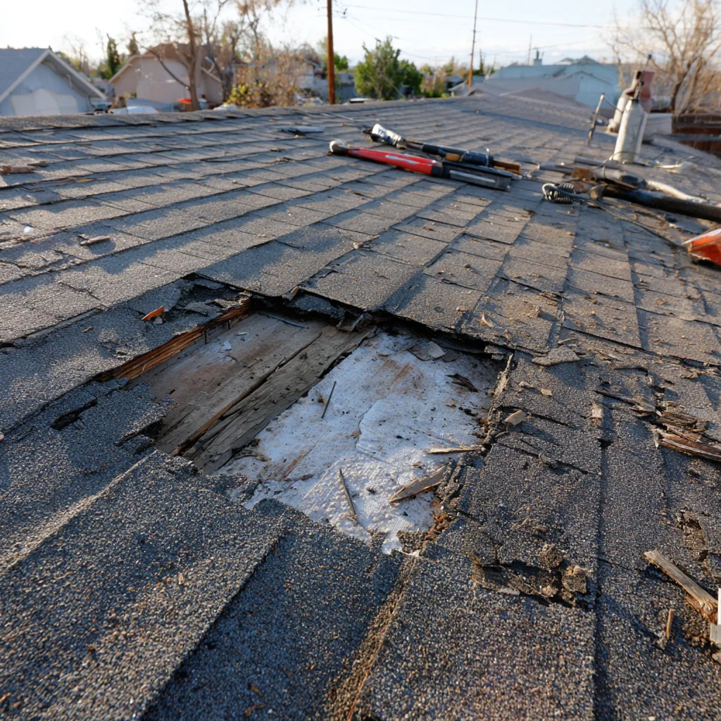 Roof covering opened to show damaged roofing layers